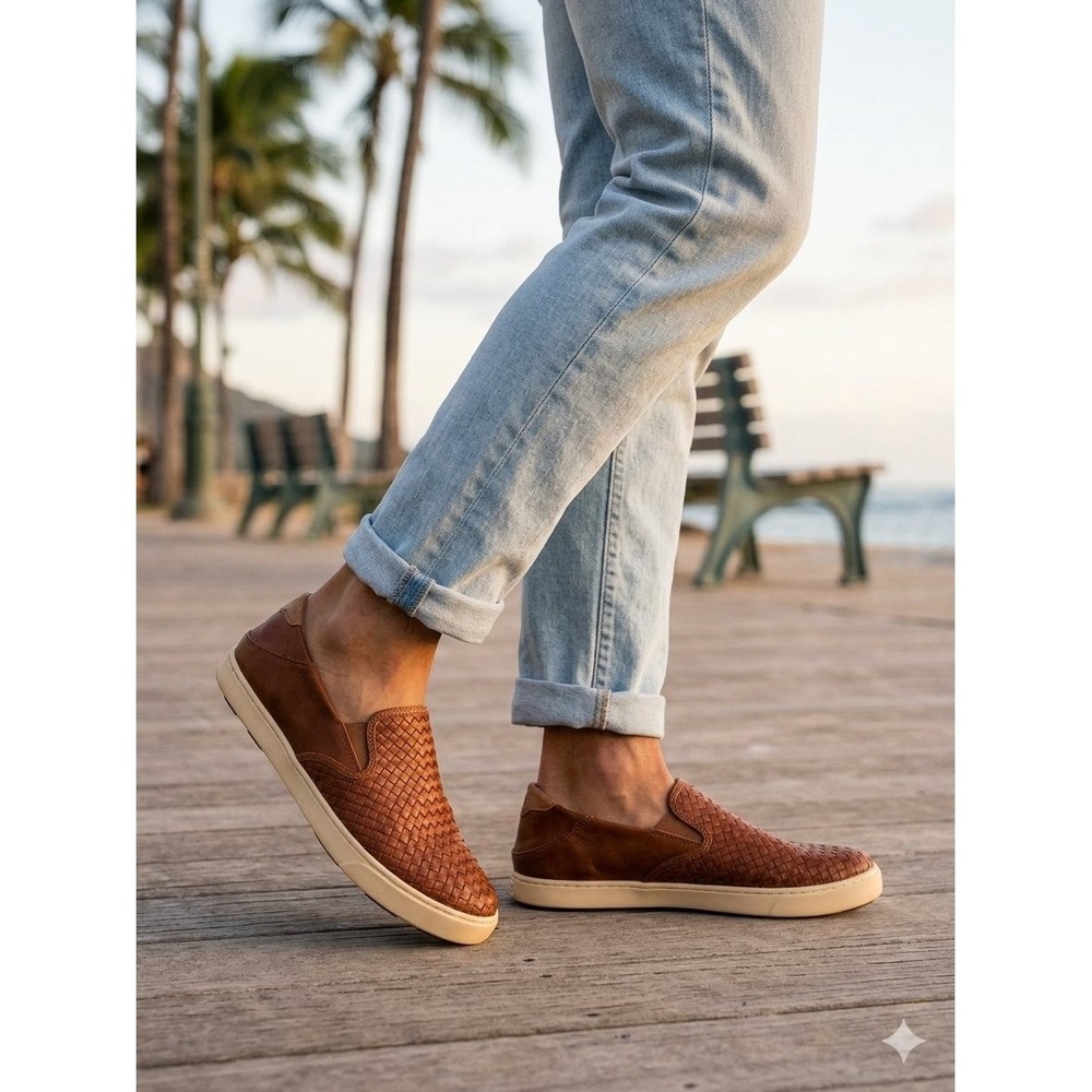 OluKai Lae'ahi Lauhala Men 11 Fox Leather Woven Slip On Sneakers 10486-FXFX